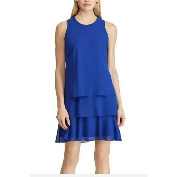 Lauren Ralph Lauren Georgette Blue Tiered Sleeveless Dress Size 6 MSRP $125 - Picture 1 of 7